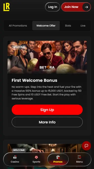 LuckyRollers Online mobile casino promotions page displaying available bonuses and offers
