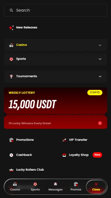 Lucky Rollers casino mobile interface showing games, promotions and navigation menu