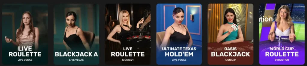 LuckyRollers Casino live lobby featuring live blackjack, roulette and baccarat tables
