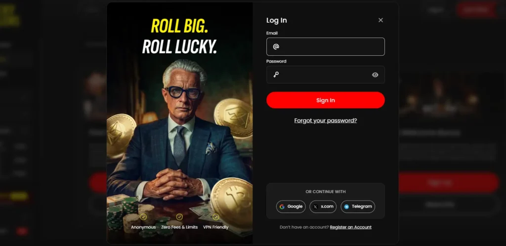 Online Casino LuckyRollers sign-in page with available authentication methods