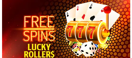 LuckyRollers Online Casino free spins bonus banner with promotional casino graphics