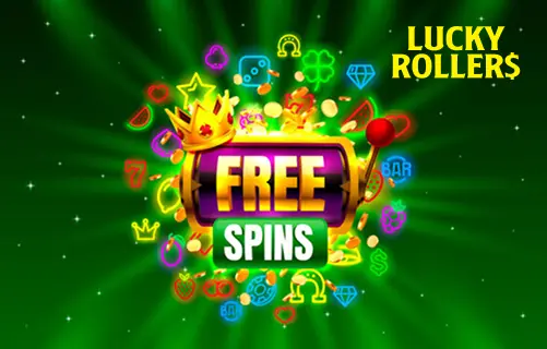 Casino LuckyRollers 50 free spins promotion banner with casino logo