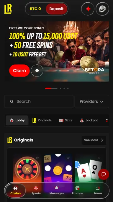 LuckyRollers website opened on a smartphone browser