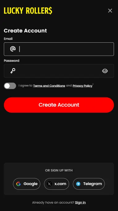 Casino LuckyRollers registration form and deposit options on a mobile device
