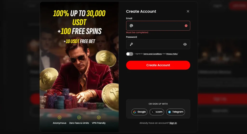 LuckyRollers casino registration form with email, password and social login options